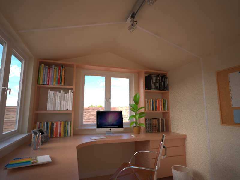 Some small garden office designs come with custom designed desk and shelving systems which maximise workspace