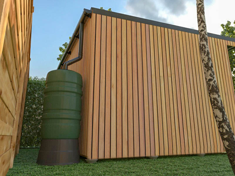 Waterbutts are commonly used to collect rainwater on a garden office