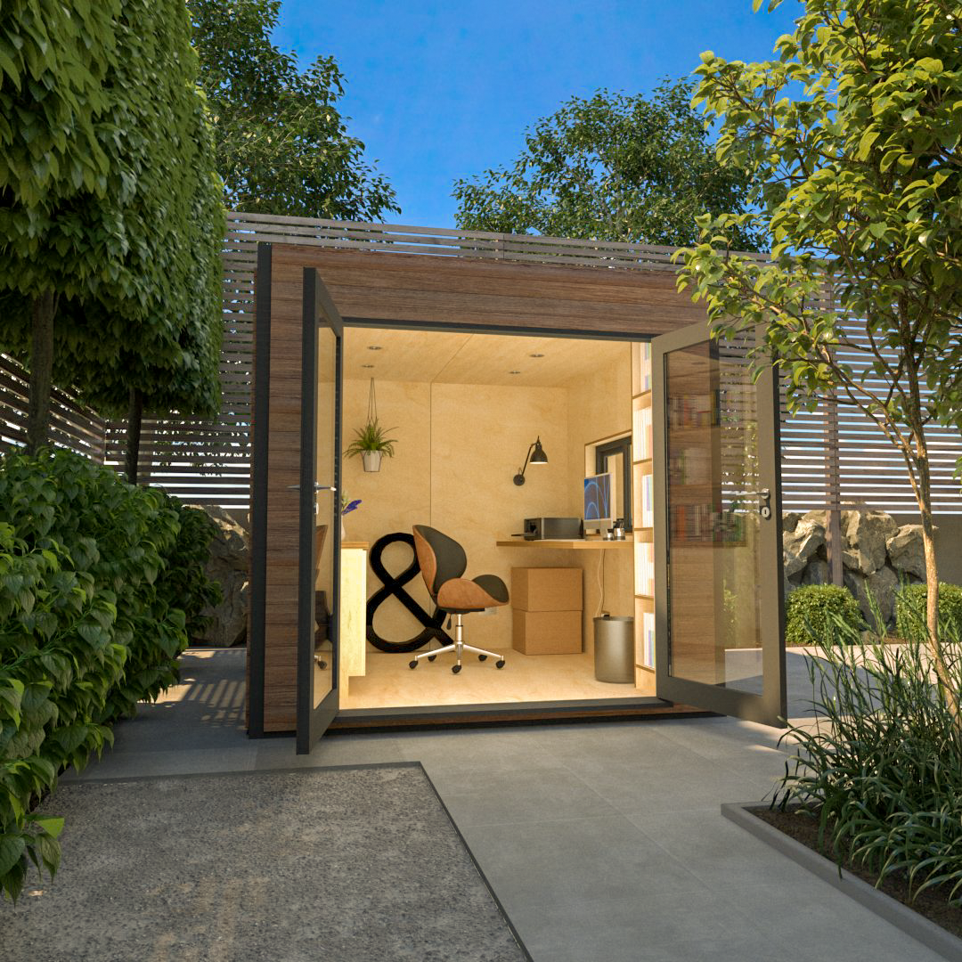 Plywood lined garden office pod