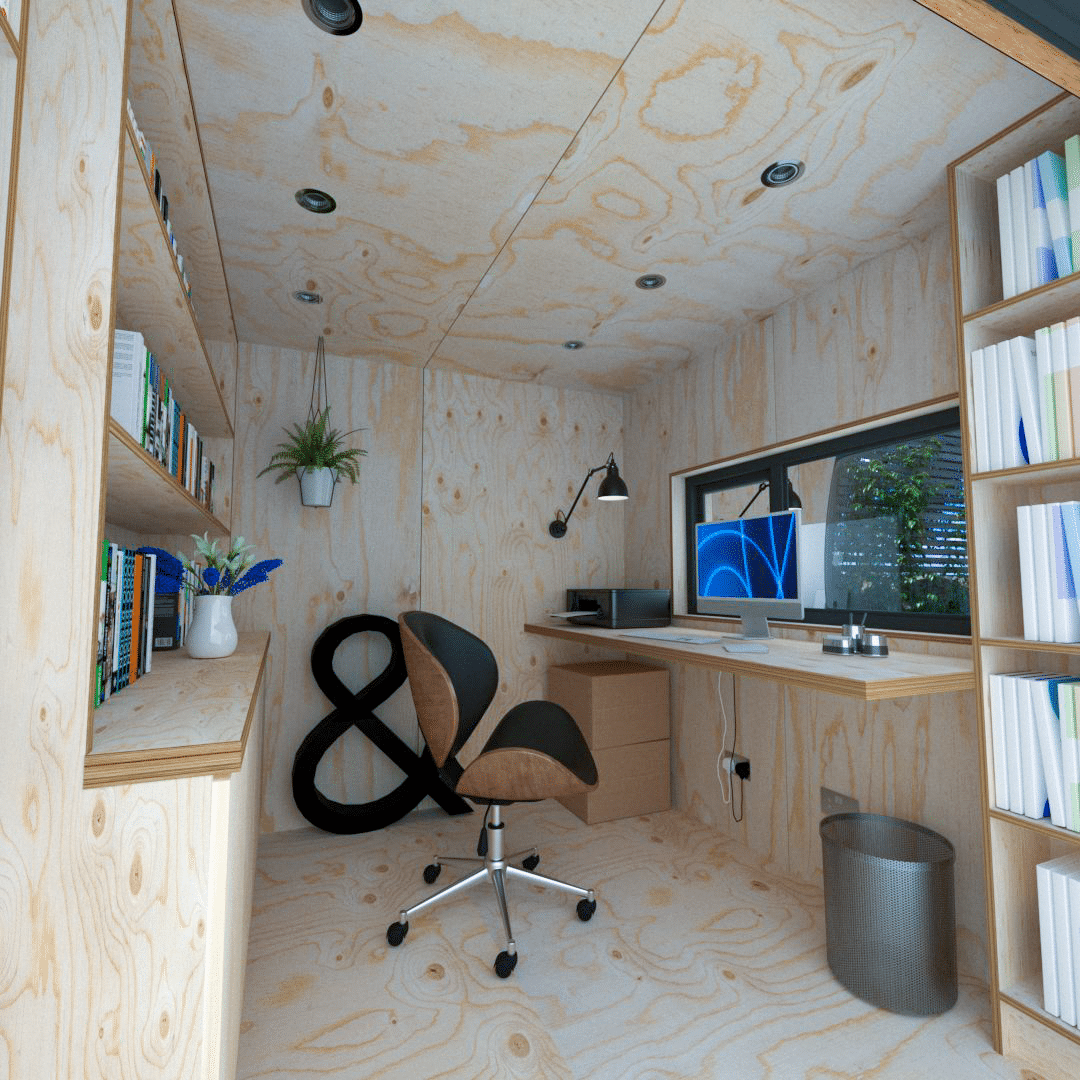 Garden office with a shuttering plywood interior