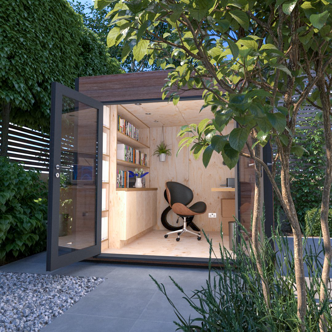 Looking into a garden office with shuttering plywood interior
