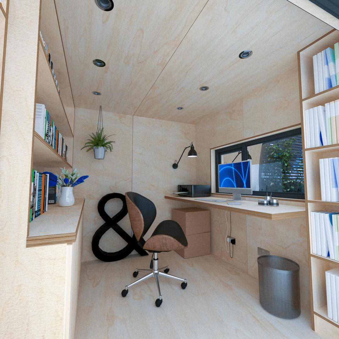 Garden office with a Birch plywood interior