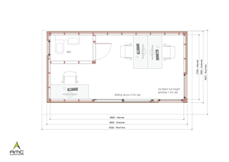 Floorplan for the three person garden office by AMC Garden Rooms
